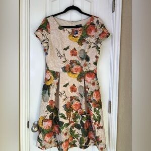 Adrianna Papell Cream Floral Short Sleeves Fit & Flare Mini Dress